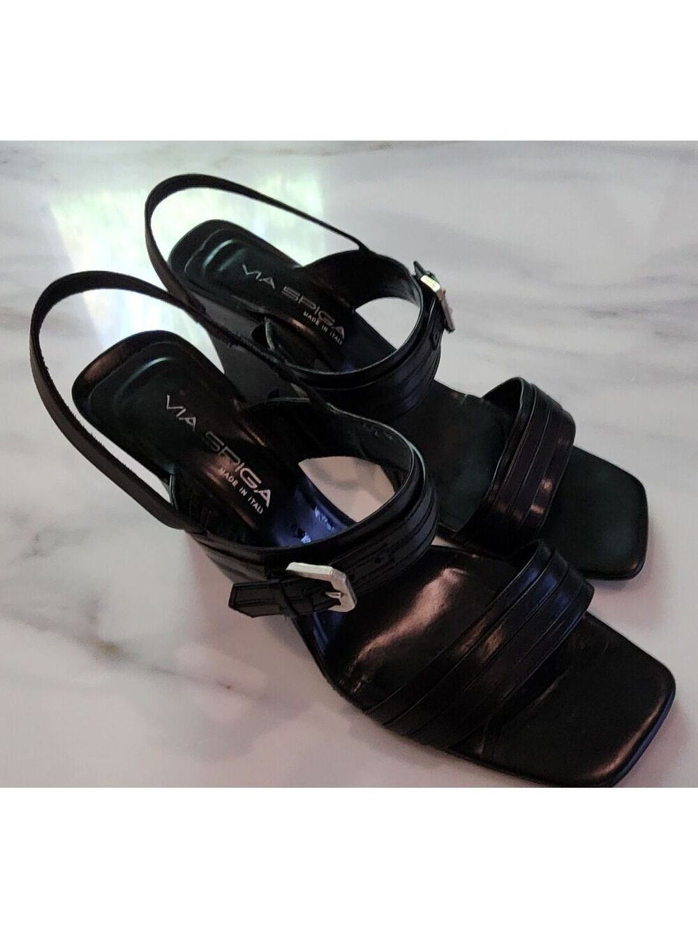 Via Spiga Black Square Toe Slingback Wedge Sandals Women’s 12M